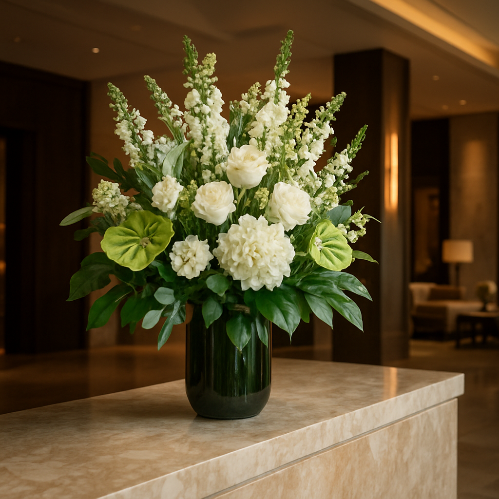 Sophisticated corporate flower arrangement in a luxury hotel lobby
